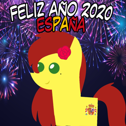Size: 960x960 | Tagged: safe, artist:archooves, oc, oc only, oc:olé españa, earth pony, pony, 2020, female, fireworks, happy new year, holiday, mare, nation ponies, pointy ponies, ponified, smiling, solo, spain, spanish
