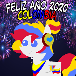 Size: 960x960 | Tagged: safe, artist:archooves, oc, oc only, oc:camila, pegasus, pony, 2020, colombia, female, fireworks, happy new year, holiday, mare, nation ponies, pointy ponies, ponified, smiling, solo, spanish
