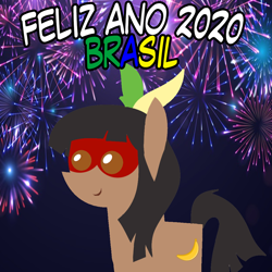 Size: 960x960 | Tagged: safe, artist:archooves, oc, oc only, oc:kuruminha, earth pony, pony, 2020, brazil, female, fireworks, happy new year, holiday, indigenous brazilian, mare, nation ponies, pointy ponies, ponified, smiling, solo, spanish