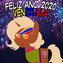 Size: 960x960 | Tagged: safe, artist:archooves, oc, oc only, oc:nucita, pony, unicorn, 2020, female, fireworks, happy new year, holiday, mare, nation ponies, pointy ponies, ponified, smiling, solo, spanish, venezuela