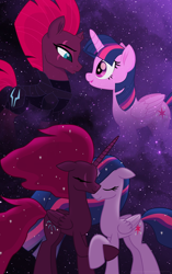 Size: 2826x4500 | Tagged: safe, artist:ejlightning007arts, tempest shadow, twilight sparkle, alicorn, pony, g4, my little pony: the movie, the last problem, alicornified, armor, eye scar, eyes closed, female, holding hooves, horn, lesbian, older, older twilight, older twilight sparkle (alicorn), princess tempest shadow, princess twilight 2.0, race swap, scar, ship:tempestlight, shipping, stars, tempest gets her horn back, then and now, twilight sparkle (alicorn), wavy mane, younger