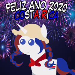Size: 960x960 | Tagged: safe, artist:archooves, oc, oc only, oc:panchita, pony, unicorn, 2020, braid, costa rica, female, fireworks, happy new year, hat, holiday, mare, nation ponies, pointy ponies, ponified, smiling, solo, spanish