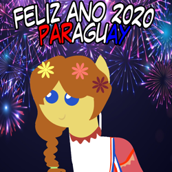 Size: 960x960 | Tagged: safe, artist:archooves, oc, oc only, earth pony, pony, 2020, clothes, female, fireworks, flower, flower in hair, happy new year, holiday, mare, nation ponies, paraguay, pointy ponies, ponified, smiling, solo, spanish