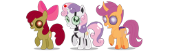 Size: 10000x3000 | Tagged: safe, artist:squipycheetah, apple bloom, scootaloo, sweetie belle, changedling, changeling, changepony, earth pony, ghoul, hybrid, pegasus, pony, robot, robot pony, undead, unicorn, fanfic:undead robot bug crusaders, story of the blanks, g4, alternate cutie mark, blanked apple bloom, changedlingified, changelingified, cute, cutie mark, cutie mark crusaders, female, filly, happy, race swap, raised hoof, scootaling, simple background, smiling, species swap, sweetie bot, the cmc's cutie marks, transparent background, trio