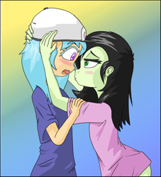Size: 810x894 | Tagged: safe, artist:happy harvey, oc, oc only, oc:filly anon, oc:little league, human, equestria girls, g4, bedroom eyes, blushing, clothes, colored, female, filly, hat, holding, holding head, imminent kissing, kissy face, lesbian, nervous, open mouth, shading