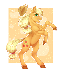 Size: 2600x3000 | Tagged: safe, artist:mittz-the-trash-lord, applejack, earth pony, pony, g4, abstract background, apple, colored pupils, cute, female, food, high res, jackabetes, looking at you, mare, open mouth, profile, rearing, redraw, solo, unshorn fetlocks