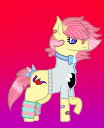 Size: 1000x1232 | Tagged: safe, artist:lightningbolt39, oc, oc only, oc:shiny apple (ice1517), earth pony, pony, bandaid, bandaid on nose, blouse, bowtie, clothes swap, female, freckles, gradient background, leg warmers, mare, raised hoof, solo, tail wrap