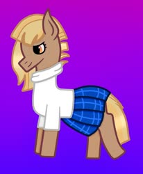 Size: 872x1056 | Tagged: safe, artist:lightningbolt39, oc, oc only, oc:patty (ice1517), earth pony, pony, clothes, clothes swap, female, gradient background, mare, plaid skirt, pleated skirt, skirt, solo, sweater