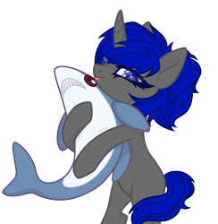 Size: 2000x2049 | Tagged: safe, artist:cirry, oc, oc only, oc:dream vezpyre, oc:dream², pony, unicorn, :p, bedroom eyes, bipedal, female, high res, plushie, ponytail, shark plushie, simple background, solo, tongue out, transparent background