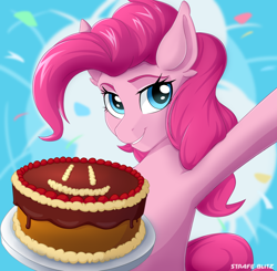 Size: 1826x1786 | Tagged: safe, artist:strafe blitz, pinkie pie, earth pony, pony, c:, cake, cute, diapinkes, ear fluff, female, food, looking at you, smiling, solo