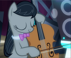 Size: 1160x939 | Tagged: safe, screencap, octavia melody, earth pony, pony, a horse shoe-in, g4, bipedal, bow (instrument), cello, cropped, eyes closed, female, mare, musical instrument, solo