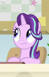 Size: 317x494 | Tagged: safe, screencap, starlight glimmer, pony, unicorn, a horse shoe-in, g4, cropped, female, looking up, mare, sitting, solo