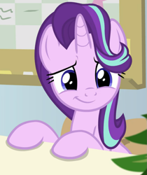 Size: 765x910 | Tagged: safe, screencap, phyllis, starlight glimmer, pony, unicorn, a horse shoe-in, g4, cropped, cute, desk, female, glimmerbetes, mare, sitting, smiling, solo