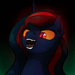 Size: 500x500 | Tagged: safe, artist:dipfanken, oc, oc only, oc:blood moon, alicorn, pony, fallout equestria, game: fallout equestria: remains, artificial alicorn, boss battle, bust, cute, cute little fangs, fanfic, fanfic art, fangs, female, gradient background, horn, mare, open mouth, portrait, red eyes, slit pupils, solo, video game, video game boss