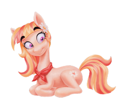 Size: 1038x878 | Tagged: safe, artist:littmosa, oc, oc only, earth pony, pony, chamomile, cute, eyebrows, eyebrows visible through hair, flower, flower in hair, handkerchief, looking at something, red scarf, simple background, smiling, solo, transparent background