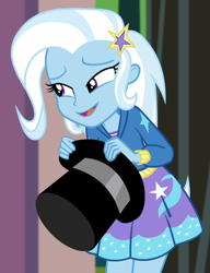 Size: 778x1012 | Tagged: safe, screencap, trixie, equestria girls, g4, my little pony equestria girls: better together, sock it to me, sock it to me: trixie, barrette, clothes, cropped, cute, diatrixes, female, hat, hoodie, miniskirt, skirt, smiling, solo, top hat