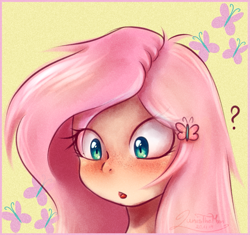 Size: 1147x1080 | Tagged: safe, artist:trappefnff, fluttershy, human, g4, bust, cutie mark, cutie mark accessory, cutie mark background, female, freckles, hairclip, humanized, question mark, solo