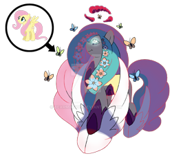 Size: 1600x1454 | Tagged: safe, artist:bearmation, fluttershy, butterfly, pegasus, pony, g4, cloven hooves, crossover, dynamax, female, flower, gigantamax, glowing eyes, macro, pokemon sword and shield, pokémon, solo, transparent background, watermark