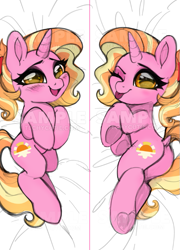 Size: 539x747 | Tagged: safe, artist:techycutie, luster dawn, pony, unicorn, g4, the last problem, bedroom eyes, blushing, body pillow, body pillow design, butt, cute, dakimakura cover, luster donk, lusterbetes, lying down, obtrusive watermark, one eye closed, plot, ponytail, tail, tail aside, tongue out, watermark, wink