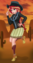 Size: 1276x2410 | Tagged: safe, artist:anonix123, sunset shimmer, equestria girls, g4, beautiful, boots, cactus, clothes, cowboy boots, cowboy hat, cowgirl, cute, female, hat, high heel boots, remake, shimmerbetes, shoes, skirt, spurs, stetson, woman