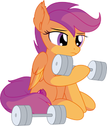 Size: 6035x7123 | Tagged: safe, artist:cyanlightning, scootaloo, pegasus, pony, g4, .svg available, absurd resolution, chest fluff, dumbbell (object), ear fluff, exercise, female, filly, lidded eyes, simple background, sitting, smiling, solo, sweat, transparent background, vector, weights