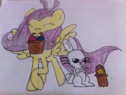 Size: 1024x773 | Tagged: safe, artist:spiderfingers15, angel bunny, fluttershy, pegasus, pony, g4, angel bunny is not amused, angry, basket, bunny ears, bunnyshy, crossed arms, cute, duo, easter, easter egg, eyes closed, headband, holiday, mouth hold, raised hoof, shyabetes, traditional art