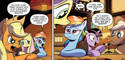 Size: 937x454 | Tagged: safe, artist:andypriceart, idw, official comic, applejack, fluttershy, rainbow dash, sheriff tumbleweed, twilight sparkle, alicorn, earth pony, pegasus, pony, g4, spoiler:comic, spoiler:comic25, applejack's hat, coat markings, comic, cowboy hat, cropped, facial markings, female, hat, lamp, male, mare, pun, speech bubble, stallion, star (coat marking), twilight sparkle (alicorn)