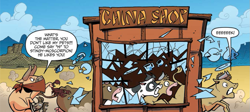Size: 937x418 | Tagged: safe, artist:andy price, idw, official comic, doc holstein, bull, cow, goat, scorpion, g4, spoiler:comic, spoiler:comic25, broken glass, china shop, cropped, female, male, pun, speech bubble, stampede, udder, visual pun