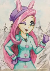 Size: 768x1098 | Tagged: safe, artist:astevenamedwolf, fluttershy, equestria girls, equestria girls series, g4, holidays unwrapped, spoiler:eqg series (season 2), clothes, cute, female, one eye closed, shyabetes, solo, traditional art, winter, winter outfit