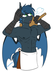 Size: 748x997 | Tagged: safe, artist:redxbacon, oc, oc only, oc:bandit, oc:nachtadler, hippogriff, anthro, abs, apron, armpits, bat wings, catbathorse, clothes, muscles, muscular male, partial nudity, pizza paddle, signature, simple background, solo, sweat, talons, topless, wings, wiping brow