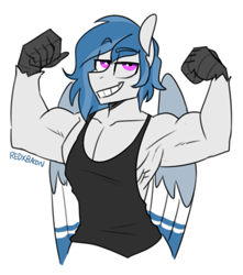 Size: 615x696 | Tagged: safe, artist:redxbacon, oc, oc only, oc:delta dart, hippogriff, anthro, armpits, clothes, flexing, muscles, muscular male, solo, talons, tank top, wings
