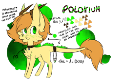 Size: 1024x669 | Tagged: safe, artist:silveer-moon, oc, oc only, oc:polonium, object pony, original species, pony, cheek fluff, chest fluff, collar, cute, ear fluff, element pony, freckles, horn, leonine tail, male, ocbetes, polonium, ponified, radiation, radioactive, reference sheet, simple background, stallion, transparent background