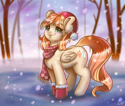 Size: 4724x4017 | Tagged: safe, artist:pitchyy, oc, oc only, oc:apricot drift, pegasus, pony, booties, christmas, clothes, hearth's warming, holiday, scarf, snow, snowfall, solo, tree, winter outfit