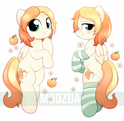 Size: 700x686 | Tagged: safe, artist:moozua, oc, oc only, oc:apricot drift, pegasus, pony, apricot, blushing, body pillow, body pillow design, clothes, commission, dakimakura cover, freckles, socks, solo, stockings, striped socks, thigh highs, watermark