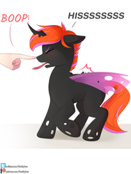 Size: 1200x1600 | Tagged: safe, artist:axtkatze, oc, oc only, oc:clarity heart, changeling, boop, double colored changeling, hissing, male, purple changeling, solo, two toned mane
