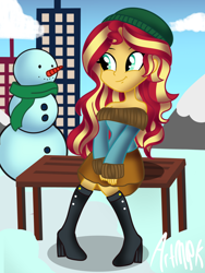 Size: 1536x2048 | Tagged: safe, artist:artmlpk, sunset shimmer, equestria girls, g4, alternate hairstyle, bare shoulders, bench, boots, city, cityscape, clothes, cloud, cute, female, heeled boots, high heel boots, looking back, mountain, off shoulder, off shoulder sweater, shimmerbetes, shoes, sitting, skirt, smiling, snow, snowman, solo, sweater, winter, winter outfit