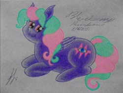 Size: 1439x1080 | Tagged: safe, oc, oc:blueberry rainbow, pegasus, pony, crossed legs, cute, cutie mark, female, folded wings, looking at you, lying down, smiling, thick, traditional art, wings