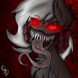 Size: 2516x2516 | Tagged: safe, artist:circethedemonnsfw, oc, oc:circe bellator, demon, demon pony, original species, abstract background, demon horns, eyeshadow, glowing eyes, high res, long tongue, makeup, sharp teeth, slit pupils, teeth, tongue out