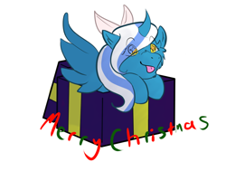 Size: 1280x1024 | Tagged: safe, artist:demonfall, oc, oc:fleurbelle, alicorn, pony, adorabelle, adorable face, alicorn oc, bow, box, cute, female, hair bow, horn, mare, ocbetes, present, tongue out, yellow eyes