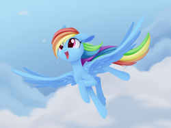 Size: 1740x1300 | Tagged: safe, artist:dusthiel, rainbow dash, pegasus, pony, chest fluff, cloud, ear fluff, female, floppy ears, leg fluff, mare, one ear down, open mouth, sky, smiling, solo, spread wings, wings