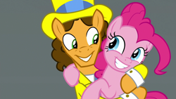 Size: 1920x1080 | Tagged: safe, screencap, cheese sandwich, pinkie pie, earth pony, pony, g4, the last laugh, clothes, duo, female, hat, hug, looking at each other, male, mare, stallion, suit
