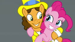 Size: 1920x1080 | Tagged: safe, screencap, cheese sandwich, pinkie pie, earth pony, pony, g4, my little pony: friendship is magic, the last laugh, clothes, duo, female, hat, hug, looking at each other, male, mare, stallion, suit