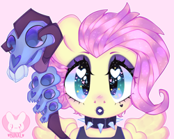 Size: 5000x4000 | Tagged: safe, artist:bunxl, fluttershy, pegasus, pony, alternate hairstyle, black lipstick, choker, clothes, crystal skull staff, eyeshadow, female, flutterpunk, heart eyes, lipstick, looking at you, makeup, skull, solo, spiked choker, staff, tanktop, wingding eyes