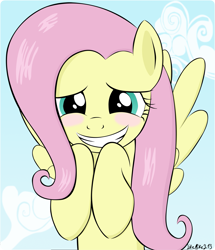 Size: 1551x1800 | Tagged: safe, artist:likemike213, fluttershy, pegasus, pony, hurricane fluttershy, blushing, bust, cute, embarrassed, female, flying, front view, full face view, hnnng, hooves to the chest, looking at you, mare, scene interpretation, shy, shyabetes, smiling, solo, spread wings, wings