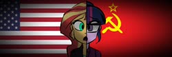 Size: 1500x500 | Tagged: safe, sci-twi, sunset shimmer, twilight sparkle, equestria girls, g4, american flag, cold war, hammer and sickle, soviet union