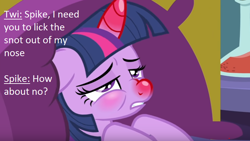 Size: 756x427 | Tagged: safe, edit, edited screencap, screencap, twilight sparkle, alicorn, pony, ail-icorn, g4, spoiler:interseason shorts, bed, dialogue, female, fetish, gross, horn, implied spike, mare, out of character, red nosed, sick, sicklight sparkle, solo, swollen horn, twilight sparkle (alicorn)