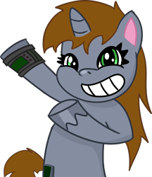 Size: 2454x2835 | Tagged: safe, alternate version, artist:poniidesu, oc, oc only, oc:littlepip, pony, unicorn, fallout equestria, g4.5, my little pony: pony life, brown hair, dab, dancing, fanfic, fanfic art, female, green eyes, grey fur, grin, high res, hooves, horn, mare, pipbuck, simple background, smiling, solo, transparent background