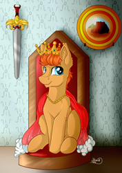Size: 2893x4092 | Tagged: safe, artist:julunis14, oc, oc only, oc:ember (appleberryember), earth pony, pony, clothes, coat, crown, jewelry, male, regalia, shield, solo, sword, throne, vulcan, weapon