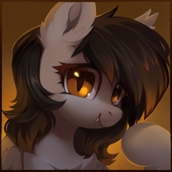 Size: 3000x3000 | Tagged: safe, artist:share dast, oc, oc only, oc:crossfire, bat pony, hybrid, pegabat, pegasus, pony, bat pony oc, bust, chest fluff, cute, cute little fangs, ear fluff, fangs, female, gradient background, high res, looking at you, mare, ocbetes, portrait, slit pupils, smiling, smiling at you, solo, yellow eyes