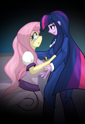 Size: 1300x1900 | Tagged: safe, artist:geraritydevillefort, fluttershy, twilight sparkle, human, the count of monte rainbow, equestria girls, g4, broadway, clothes, comforting, crossover, crying, dress, everyday a little death, mercedes, mondego, monsparkle, musical, open mouth, pants, shycedes, suit, the count of monte cristo